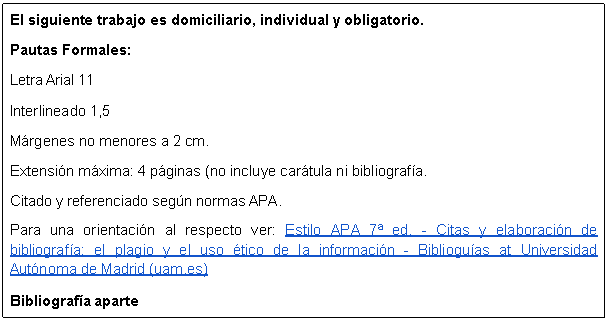 Cuadro de texto: El siguiente trabajo es domiciliario, individual y obligatorio. Pautas Formales:
Letra Arial 11
Interlineado 1,5
Mrgenes no menores a 2 cm.
Extensin mxima: 4 pginas (no incluye cartula ni bibliografa. Citado y referenciado segn normas APA.
Para una orientacin al respecto ver: Estilo APA 7 ed. - Citas y elaboracin de bibliografa: el plagio y el uso tico de la informacin - Biblioguas at Universidad Autnoma de Madrid (uam.es)
Bibliografa aparte
