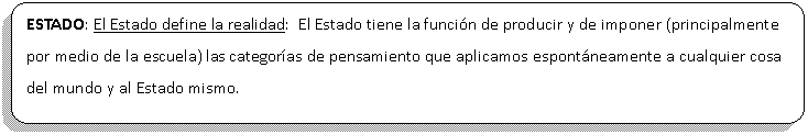 Proceso alternativo: ESTADO: El Estado define la realidad:  El Estado tiene la funcin de producir y de imponer (principalmente por medio de la escuela) las categoras de pensamiento que aplicamos espontneamente a cualquier cosa del mundo y al Estado mismo. 


