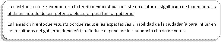 Proceso alternativo: La contribucin de Schumpeter a la teora democrtica consiste en acotar el significado de la democracia al de un mtodo de competencia electoral para formar gobierno. 
Es llamado un enfoque realista porque reduce las expectativas y habilidad de la ciudadana para influir en los resultados del gobierno democrtico. Reduce el papel de la ciudadana al acto de votar.



